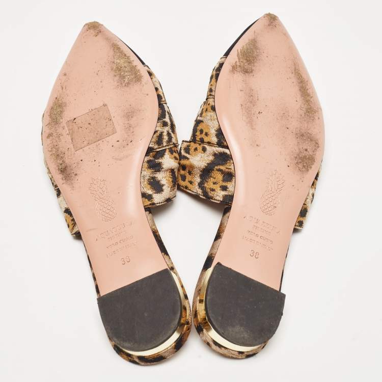 Pre Owned Aquazzura Black/Beige Leopard Print Fabric Mondaine Mules Size 38
