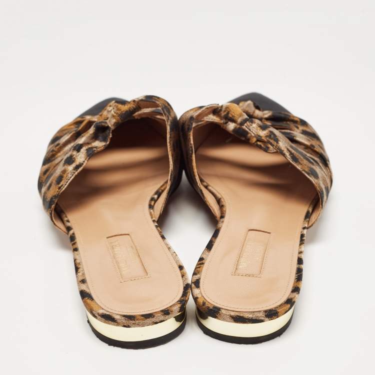 Pre Owned Aquazzura Black/Beige Leopard Print Fabric Mondaine Mules Size 38