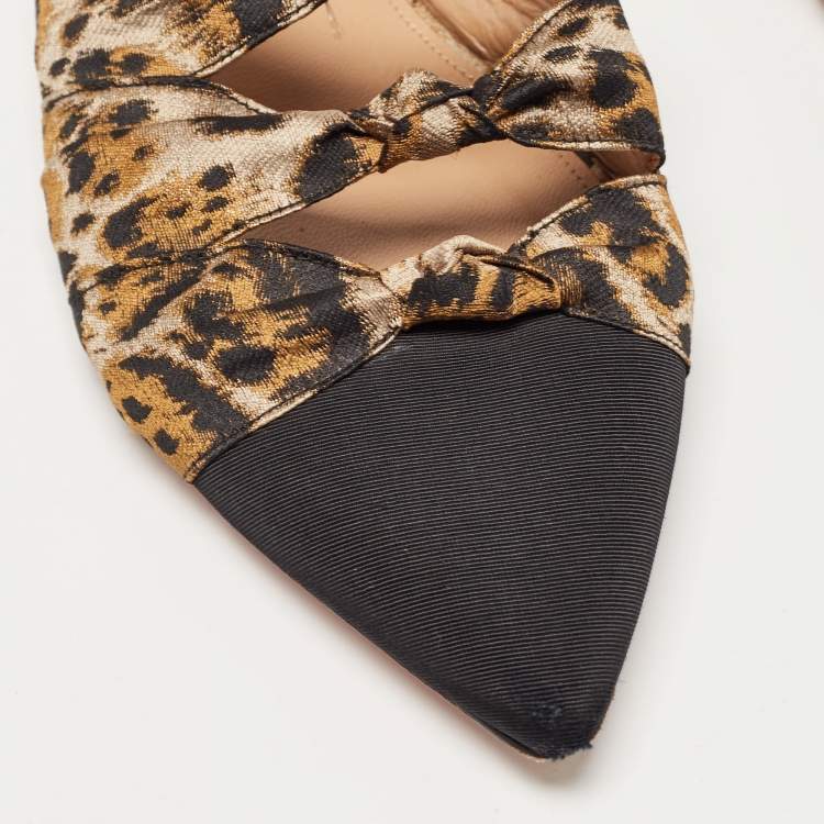 Pre Owned Aquazzura Black/Beige Leopard Print Fabric Mondaine Mules Size 38