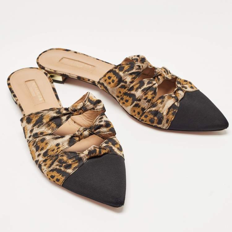 Pre Owned Aquazzura Black/Beige Leopard Print Fabric Mondaine Mules Size 38