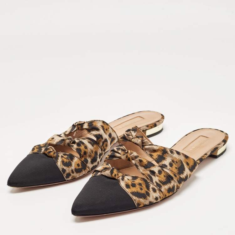 Pre Owned Aquazzura Black/Beige Leopard Print Fabric Mondaine Mules Size 38