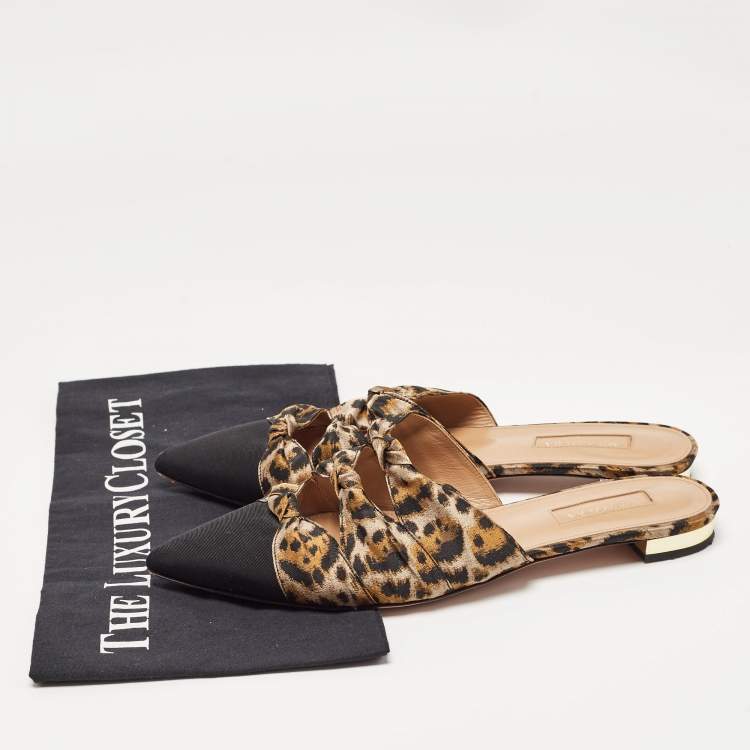 Pre Owned Aquazzura Black/Beige Leopard Print Fabric Mondaine Mules Size 38