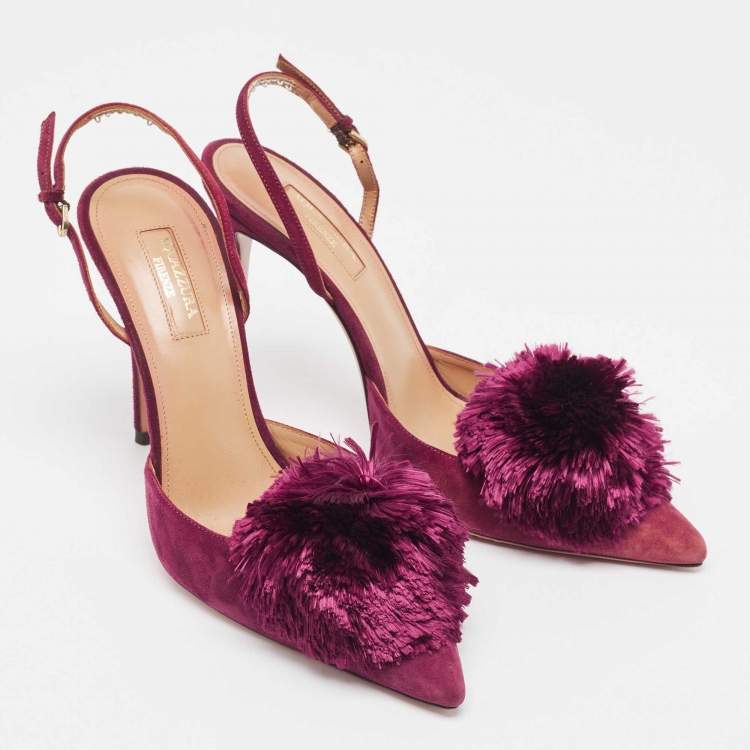Pre Owned Aquazzura Plum Suede Powder Puff Slingback Pumps Size 39.5
