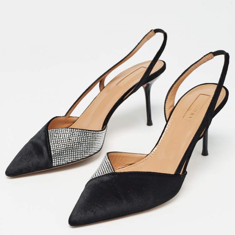 مملوكة مسبقًا Aquazzura Black Velvet and Crystal Embellished Slingback Pumps Size 38