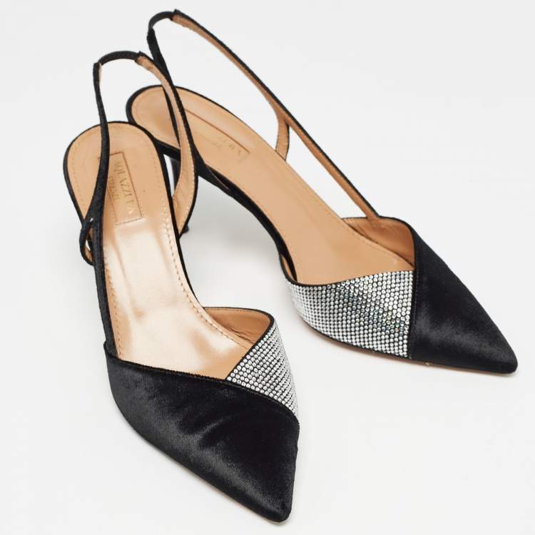 مملوكة مسبقًا Aquazzura Black Velvet and Crystal Embellished Slingback Pumps Size 38