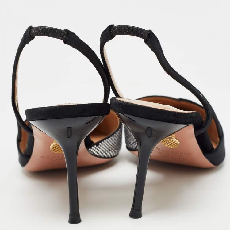 مملوكة مسبقًا Aquazzura Black Velvet and Crystal Embellished Slingback Pumps Size 38