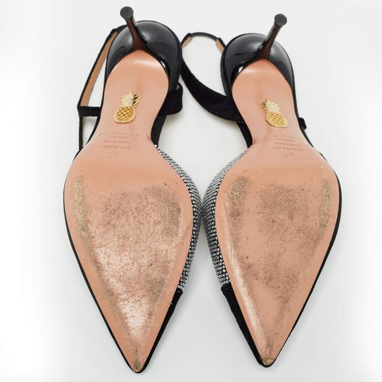مملوكة مسبقًا Aquazzura Black Velvet and Crystal Embellished Slingback Pumps Size 38
