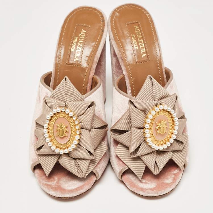 Pre Owned Aquazzura Pink Velvet and Fabric Embellished Slide Sandals Size 36