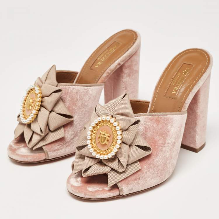 Pre Owned Aquazzura Pink Velvet and Fabric Embellished Slide Sandals Size 36