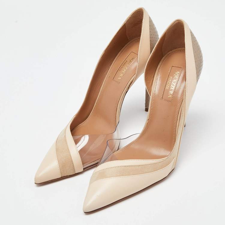 مملوكة مسبقًا Aquazzura Beige Suede,Leather,Embossed Snakeskin and PVC Pointed Toe Pumps Size 37.5