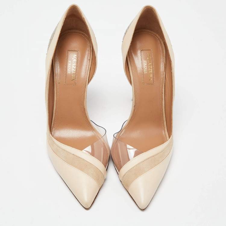 مملوكة مسبقًا Aquazzura Beige Suede,Leather,Embossed Snakeskin and PVC Pointed Toe Pumps Size 37.5