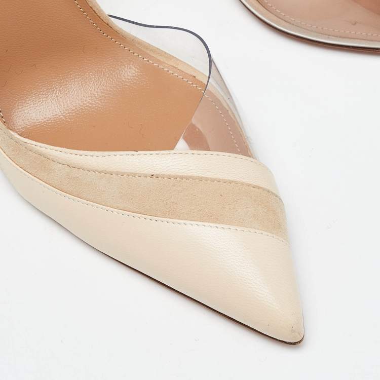 مملوكة مسبقًا Aquazzura Beige Suede,Leather,Embossed Snakeskin and PVC Pointed Toe Pumps Size 37.5