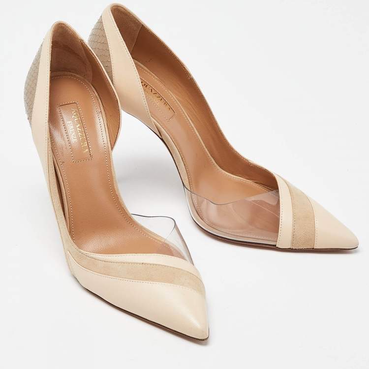 مملوكة مسبقًا Aquazzura Beige Suede,Leather,Embossed Snakeskin and PVC Pointed Toe Pumps Size 37.5