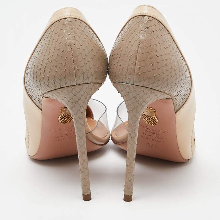 مملوكة مسبقًا Aquazzura Beige Suede,Leather,Embossed Snakeskin and PVC Pointed Toe Pumps Size 37.5