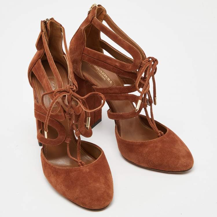 Pre Owned Aquazzura Brown Suede Lace Up Block Heel Pumps Size 39