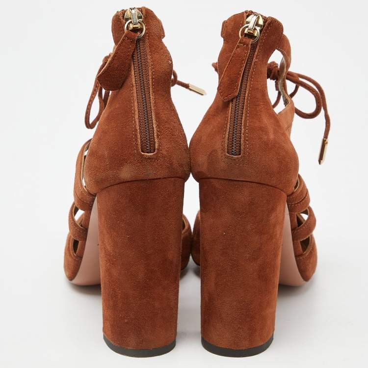 Pre Owned Aquazzura Brown Suede Lace Up Block Heel Pumps Size 39