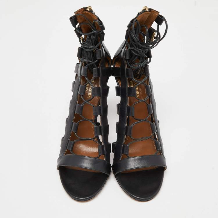 Pre Owned Aquazzura Black Leather Amazon Sandals Size 39
