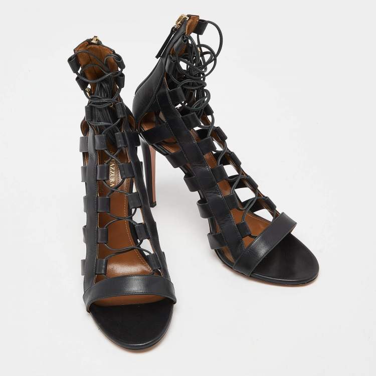 Pre Owned Aquazzura Black Leather Amazon Sandals Size 39