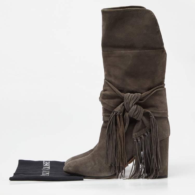 Pre Owned Aquazzura Grey Suede Fringe Details Mid Calf Block Heel Boots Size 39