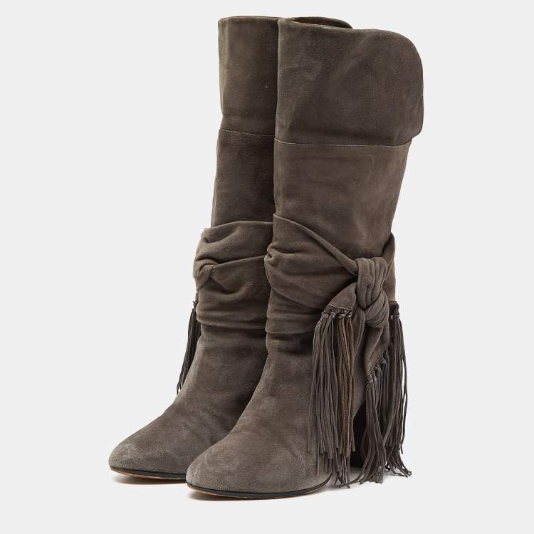 Pre Owned Aquazzura Grey Suede Fringe Details Mid Calf Block Heel Boots Size 39