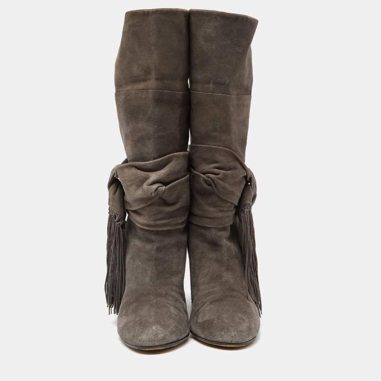 Pre Owned Aquazzura Grey Suede Fringe Details Mid Calf Block Heel Boots Size 39
