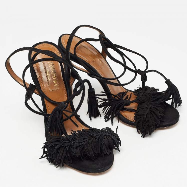 Pre Owned Aquazzura Black Suede Wild Thing Ankle Wrap Sandals Size 35