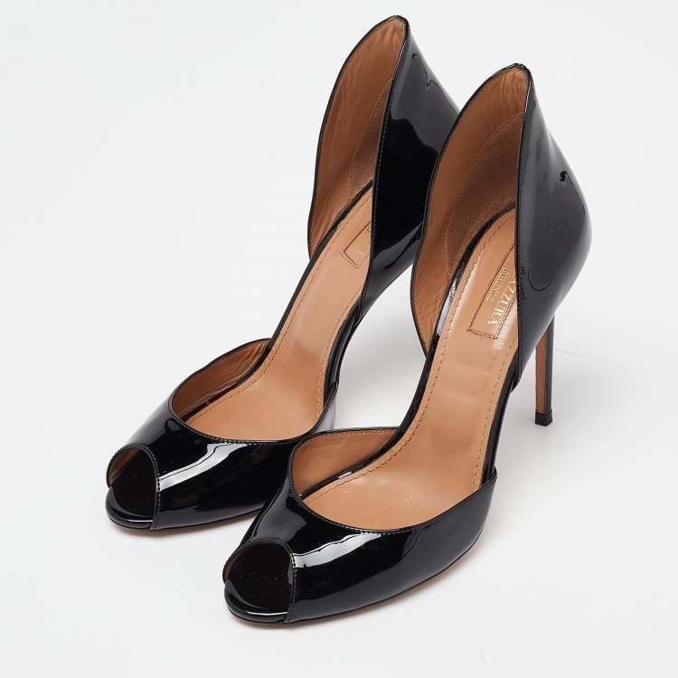 Pre Owned Aquazzura Black Patent Leather Peep Toe Pumps Size 38