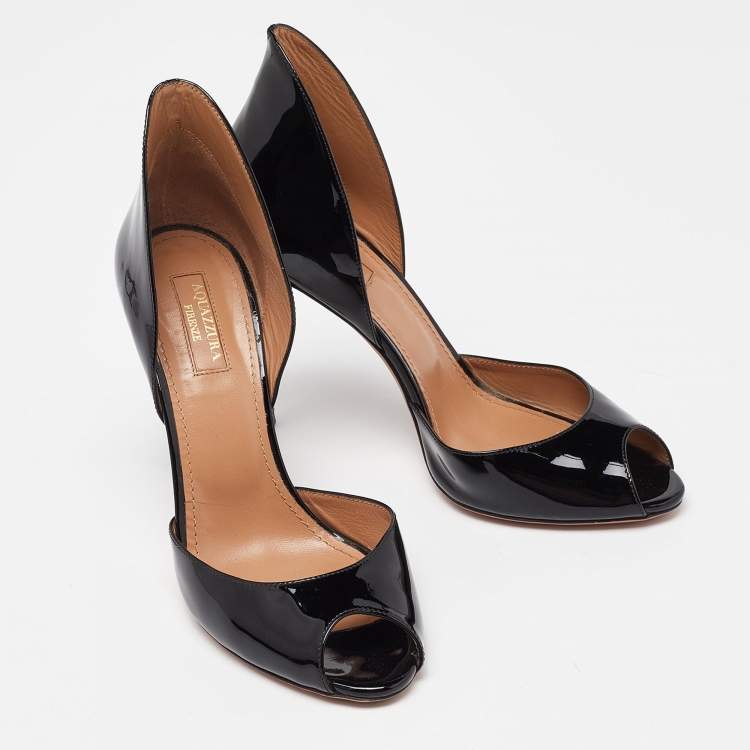 Pre Owned Aquazzura Black Patent Leather Peep Toe Pumps Size 38