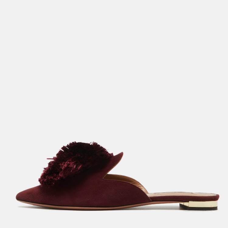 مملوكة مسبقًا Aquazzura Burgundy Suede Powder Puff Flat Mules Size 36