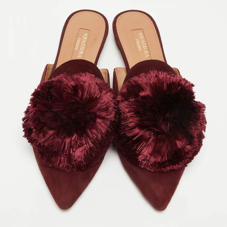 مملوكة مسبقًا Aquazzura Burgundy Suede Powder Puff Flat Mules Size 36