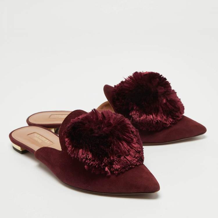 مملوكة مسبقًا Aquazzura Burgundy Suede Powder Puff Flat Mules Size 36