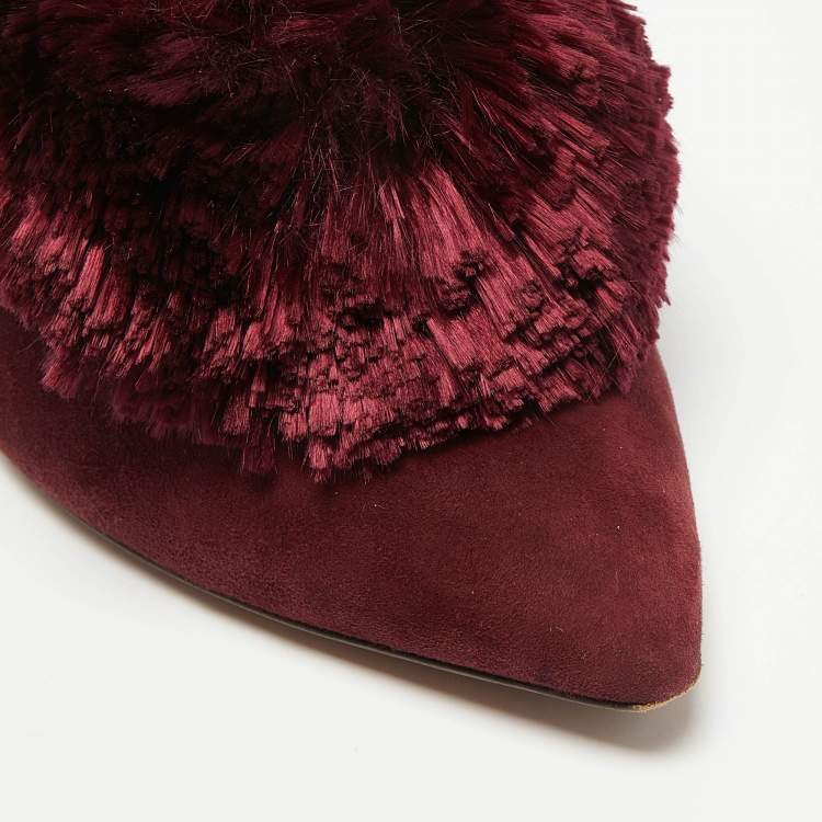 مملوكة مسبقًا Aquazzura Burgundy Suede Powder Puff Flat Mules Size 36