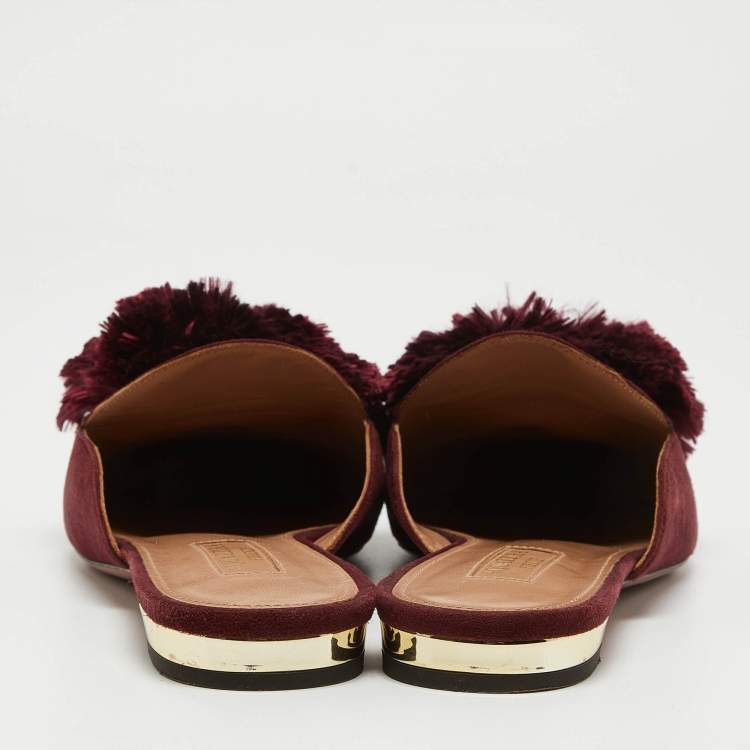 مملوكة مسبقًا Aquazzura Burgundy Suede Powder Puff Flat Mules Size 36
