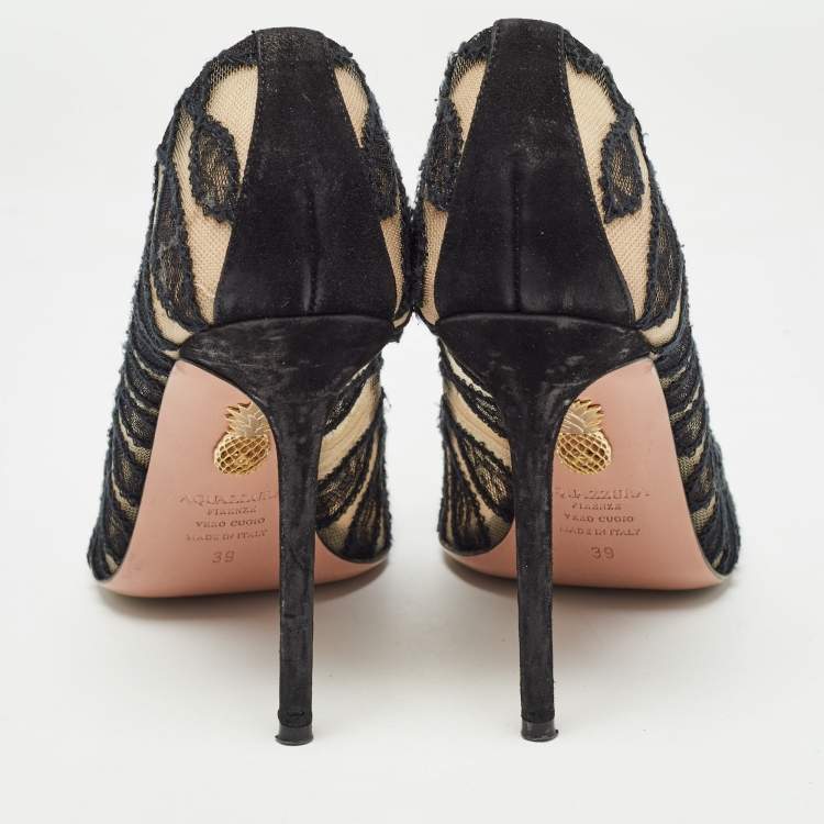Pre Owned Aquazzura Black Lace and Suede After Dark Pumps Size 39
