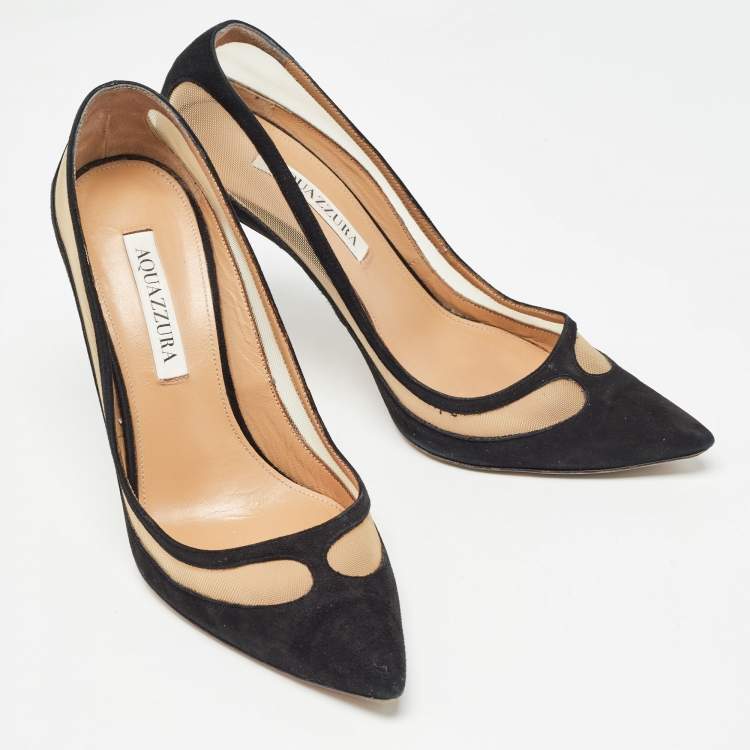 Pre Owned Aquazzura Black Suede and Mesh Pointed Toe Pumps Size 39