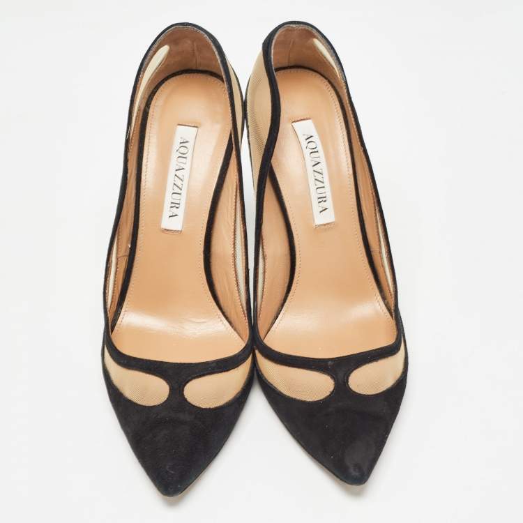 Pre Owned Aquazzura Black Suede and Mesh Pointed Toe Pumps Size 39