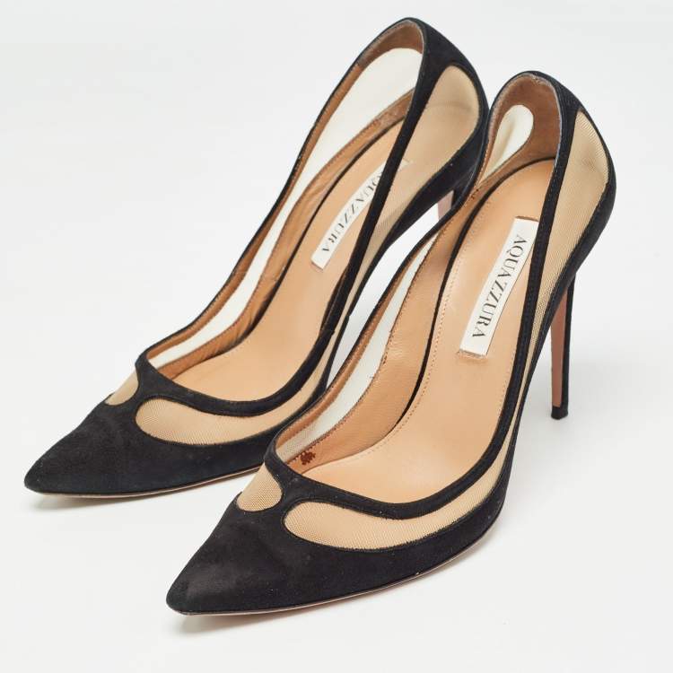 Pre Owned Aquazzura Black Suede and Mesh Pointed Toe Pumps Size 39