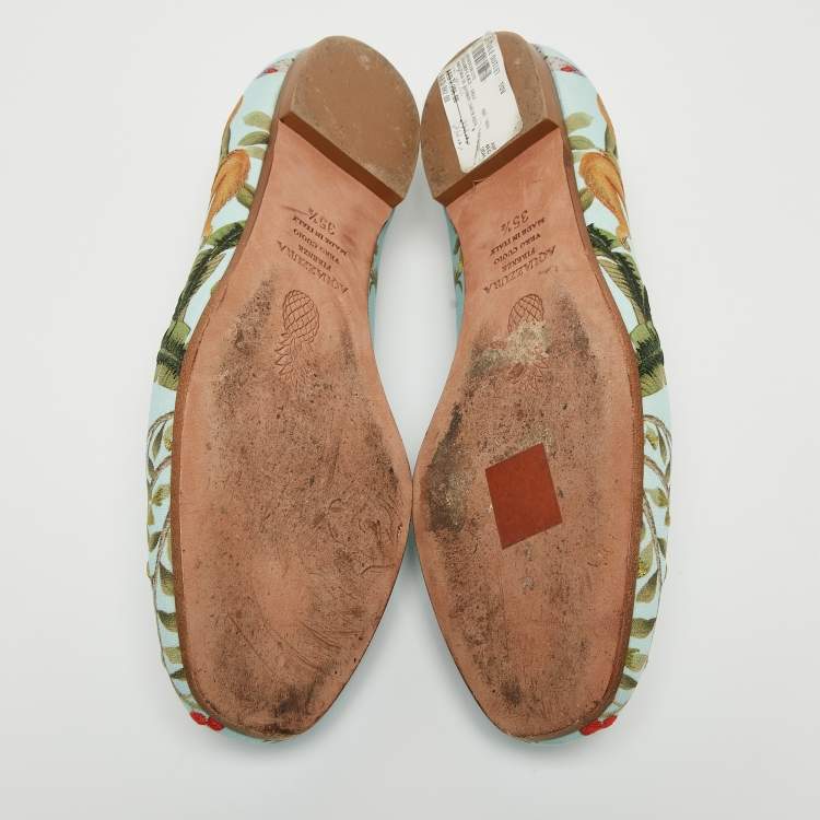 Pre Owned Aquazzura Aqua Blue Jacquard Fabric Amazonia De Gournay Loafers Size 35.5
