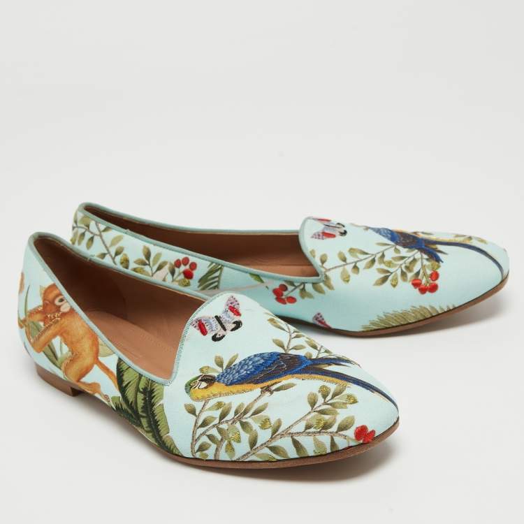 Pre Owned Aquazzura Aqua Blue Jacquard Fabric Amazonia De Gournay Loafers Size 35.5