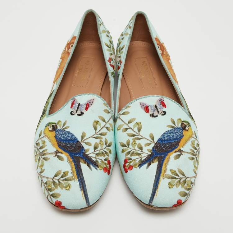 Pre Owned Aquazzura Aqua Blue Jacquard Fabric Amazonia De Gournay Loafers Size 35.5