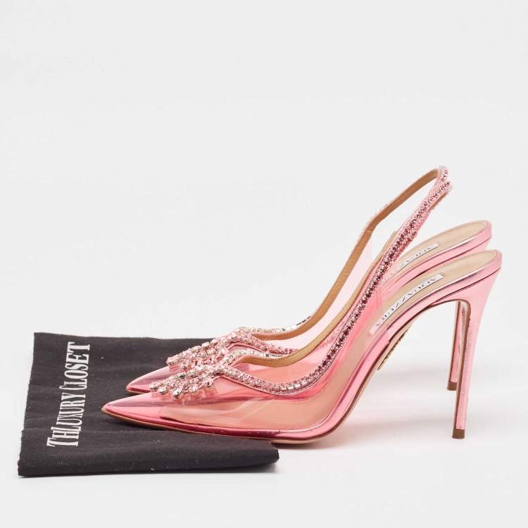مملوكة مسبقًا Aquazzura Pink PVC and Leather Seduction Crystals Slingback Pumps Size 39