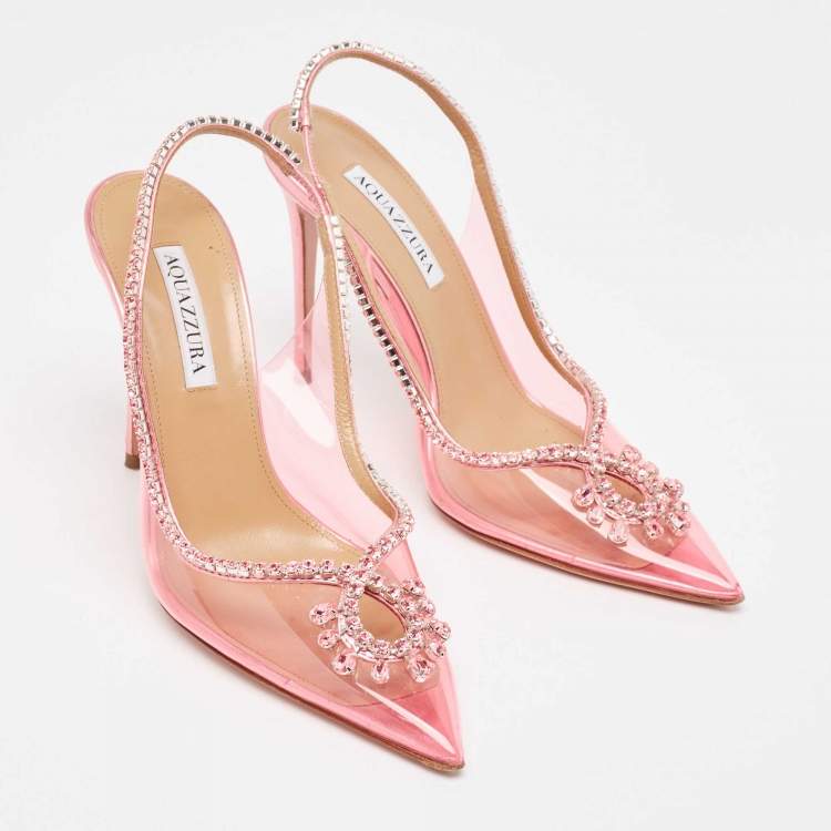 مملوكة مسبقًا Aquazzura Pink PVC and Leather Seduction Crystals Slingback Pumps Size 39