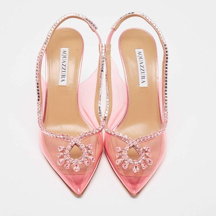 مملوكة مسبقًا Aquazzura Pink PVC and Leather Seduction Crystals Slingback Pumps Size 39