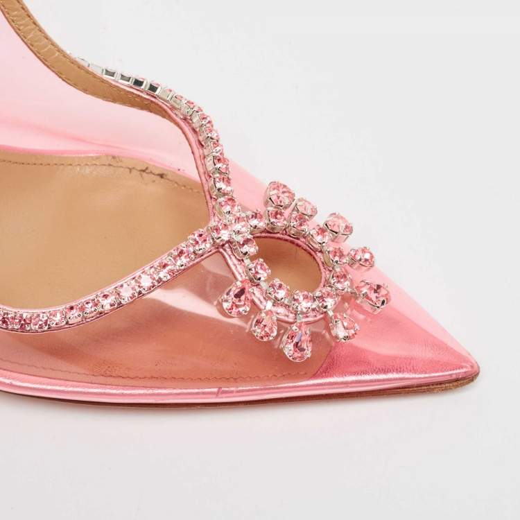 مملوكة مسبقًا Aquazzura Pink PVC and Leather Seduction Crystals Slingback Pumps Size 39