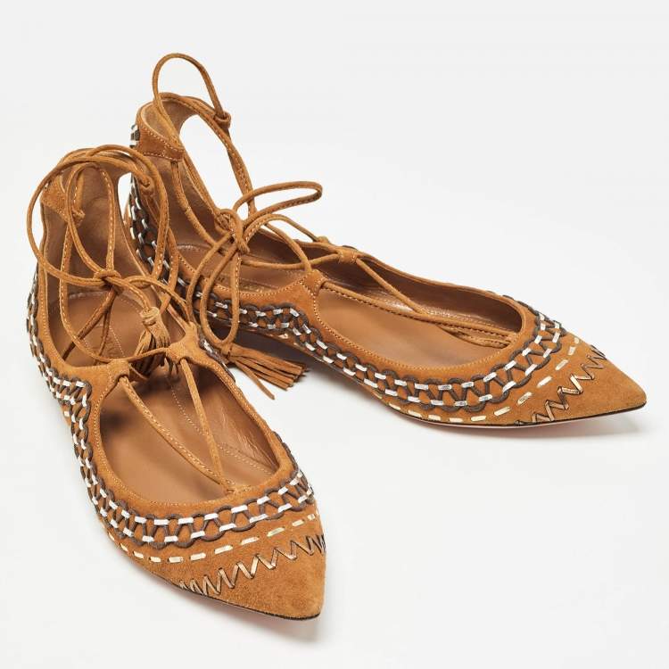 Pre Owned Aquazzura Brown Woven Suede Fringe Tassel Detail Ankle Wrap Ballet Flats Size 38