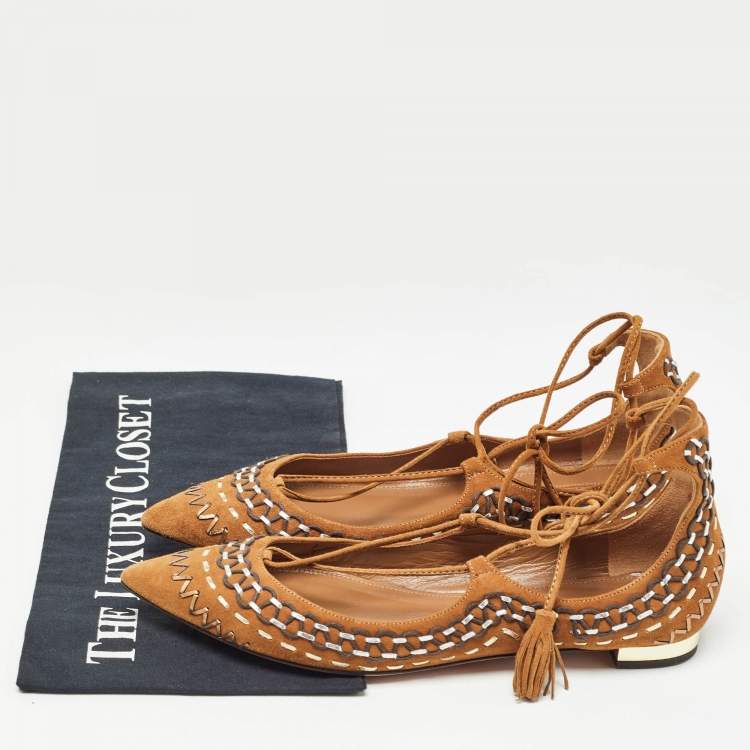Pre Owned Aquazzura Brown Woven Suede Fringe Tassel Detail Ankle Wrap Ballet Flats Size 38