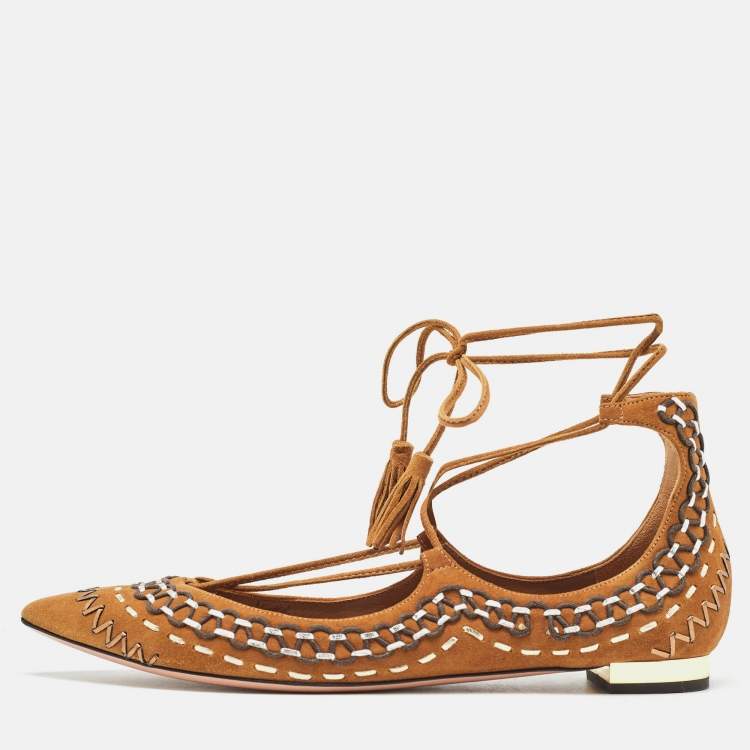 Pre Owned Aquazzura Brown Woven Suede Fringe Tassel Detail Ankle Wrap Ballet Flats Size 38