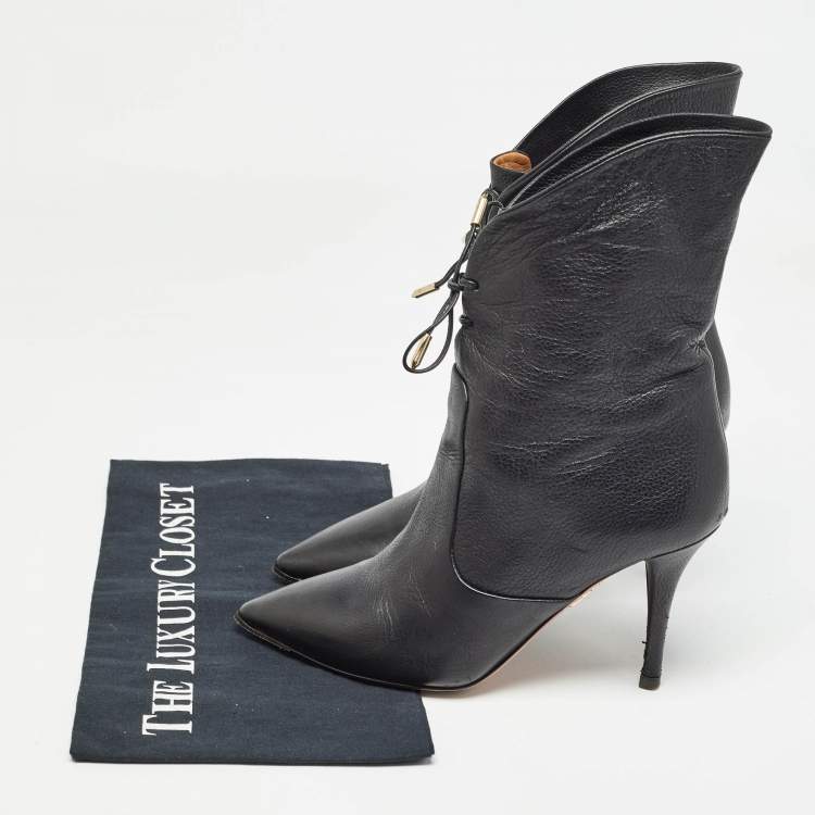 Pre Owned Aquazzura Black Leather Lace Up Ankle Booties Size 35