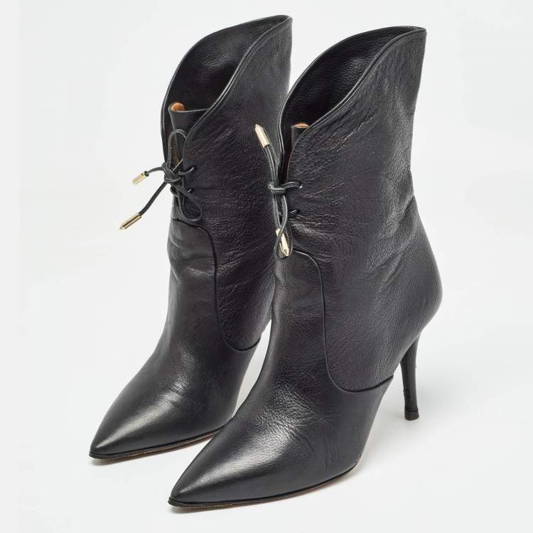 Pre Owned Aquazzura Black Leather Lace Up Ankle Booties Size 35