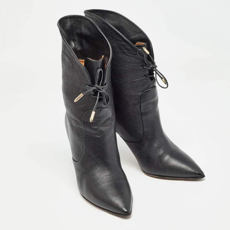Pre Owned Aquazzura Black Leather Lace Up Ankle Booties Size 35